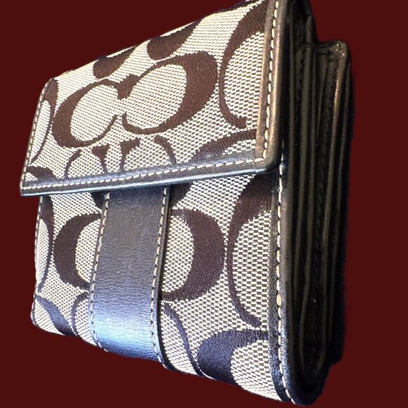 Coach Fold-Over Wallet-Signature Black Logo Canvas with Black leather Trim - Picture 6 of 12